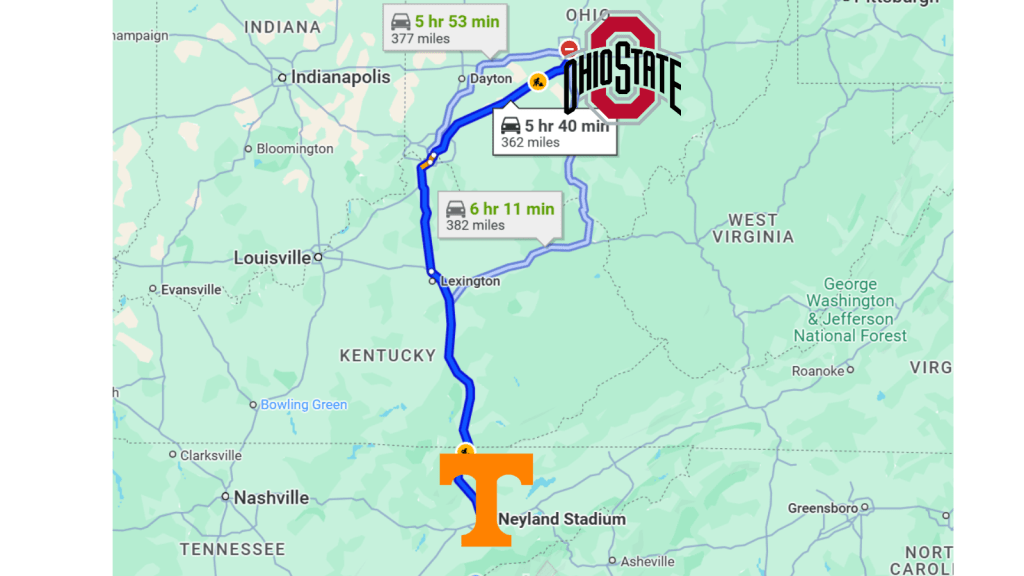 Tennessee Ohio State College Football Playoff Game Distance Map