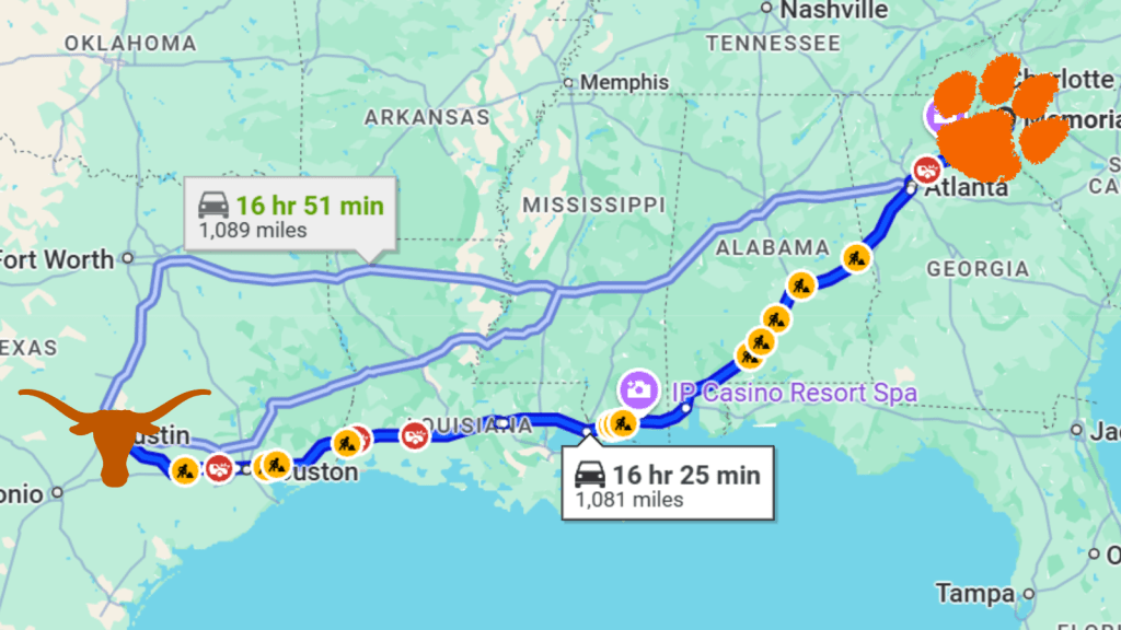 Clemson Texas College Football Playoff Game Distance Map