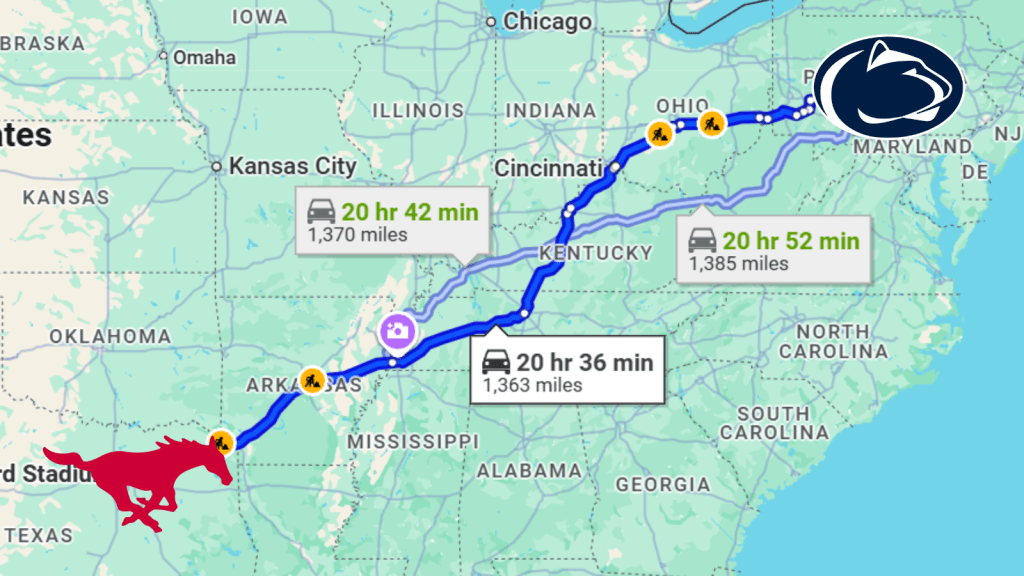 SMU Penn State College Football Playoff Game Distance Map