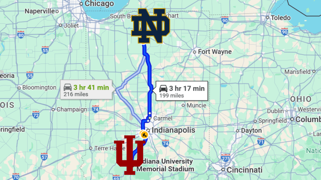 Notre Dame Indiana College Football Playoff Game Distance Map