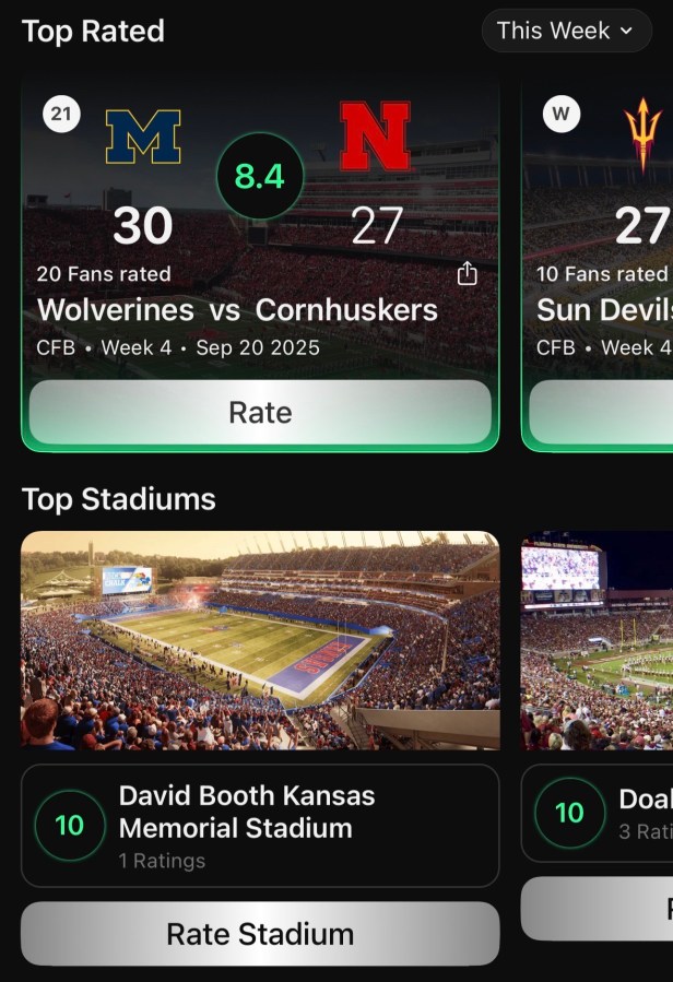 RateGame rate College Football Games app for CFB Fans